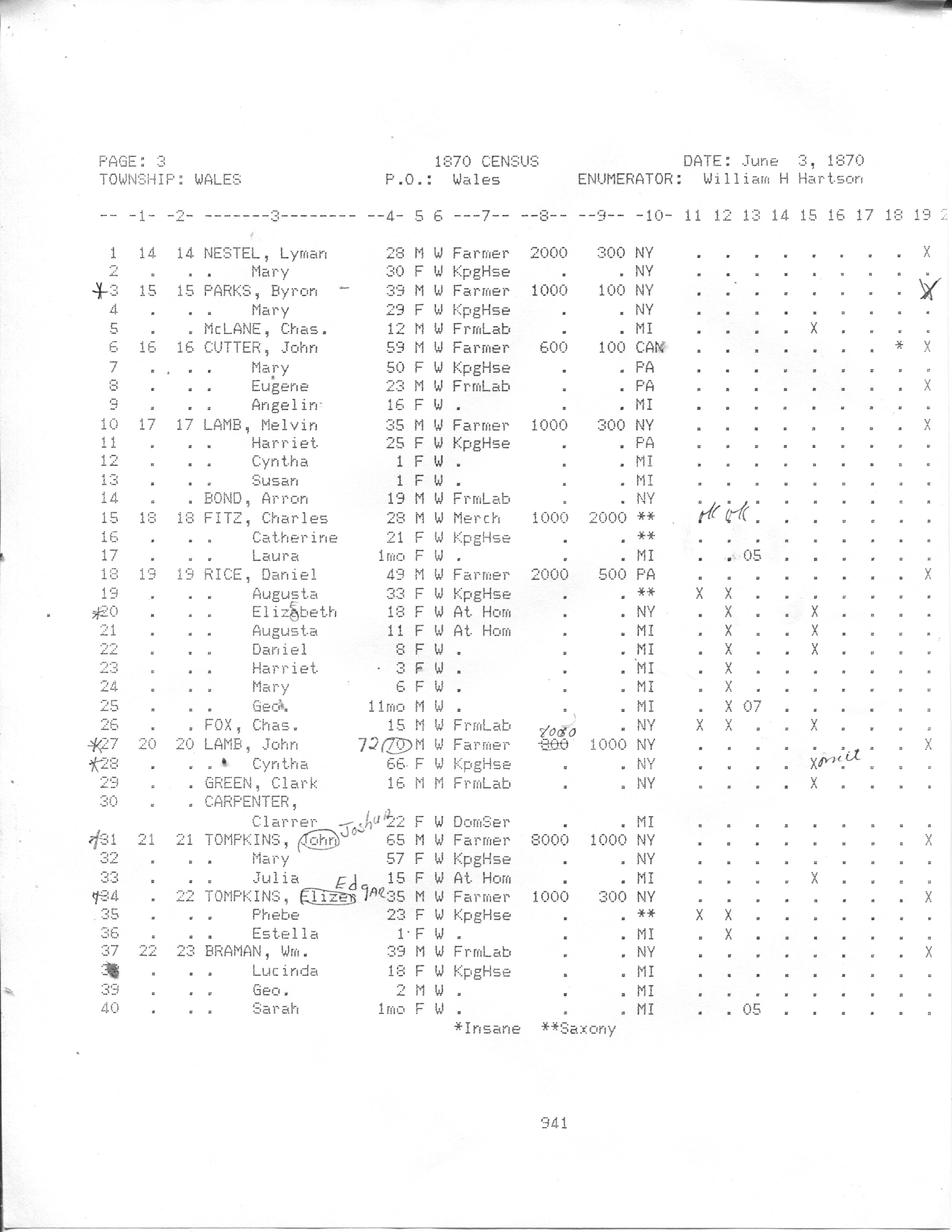 1870 United States Federal Census (Wales, St Clair, Michigan; Page 3)