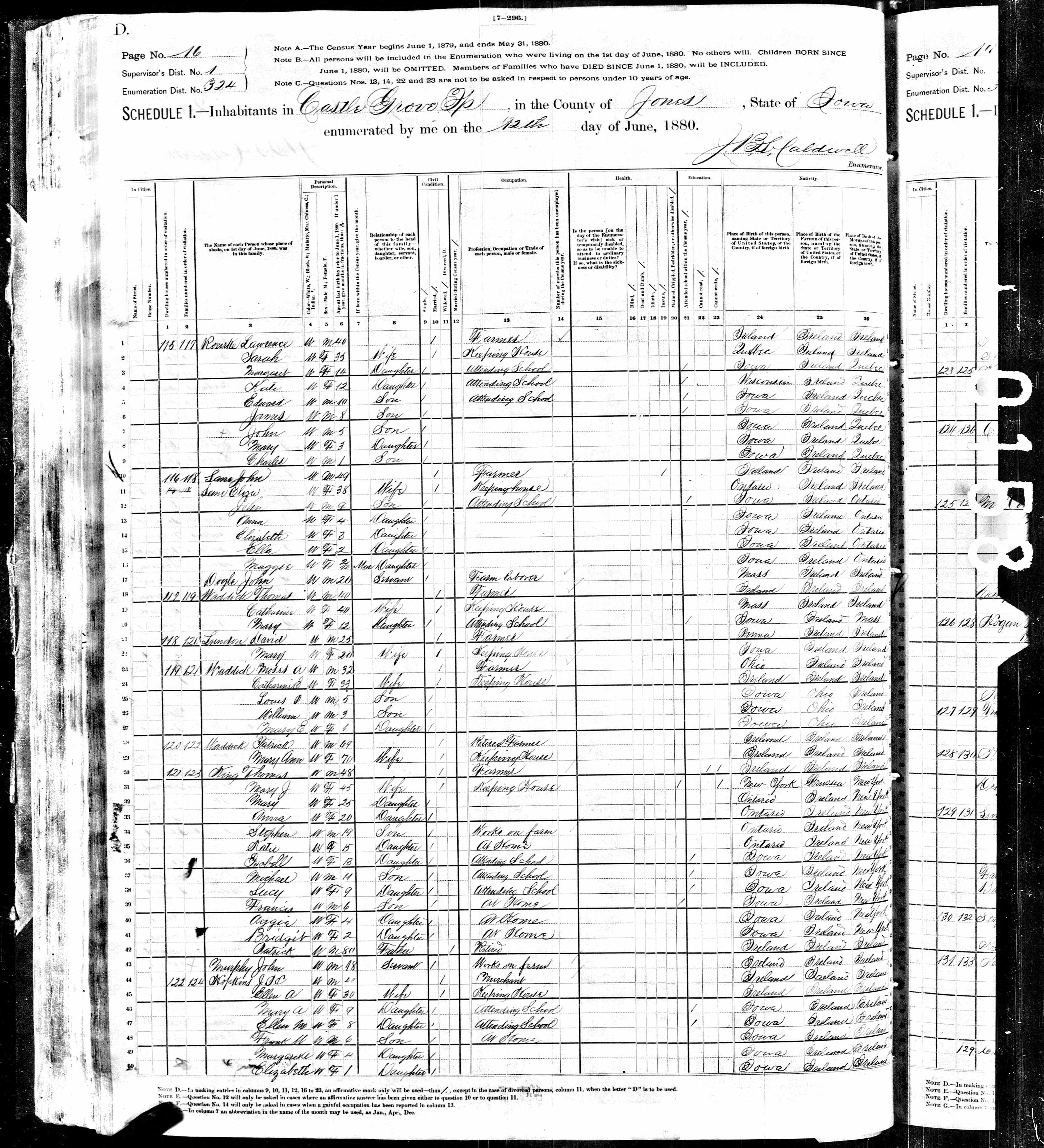 1880 United States Federal Census (Castle Grove Township, Jones, Iowa; Page No 16D; Enumeration District 324)