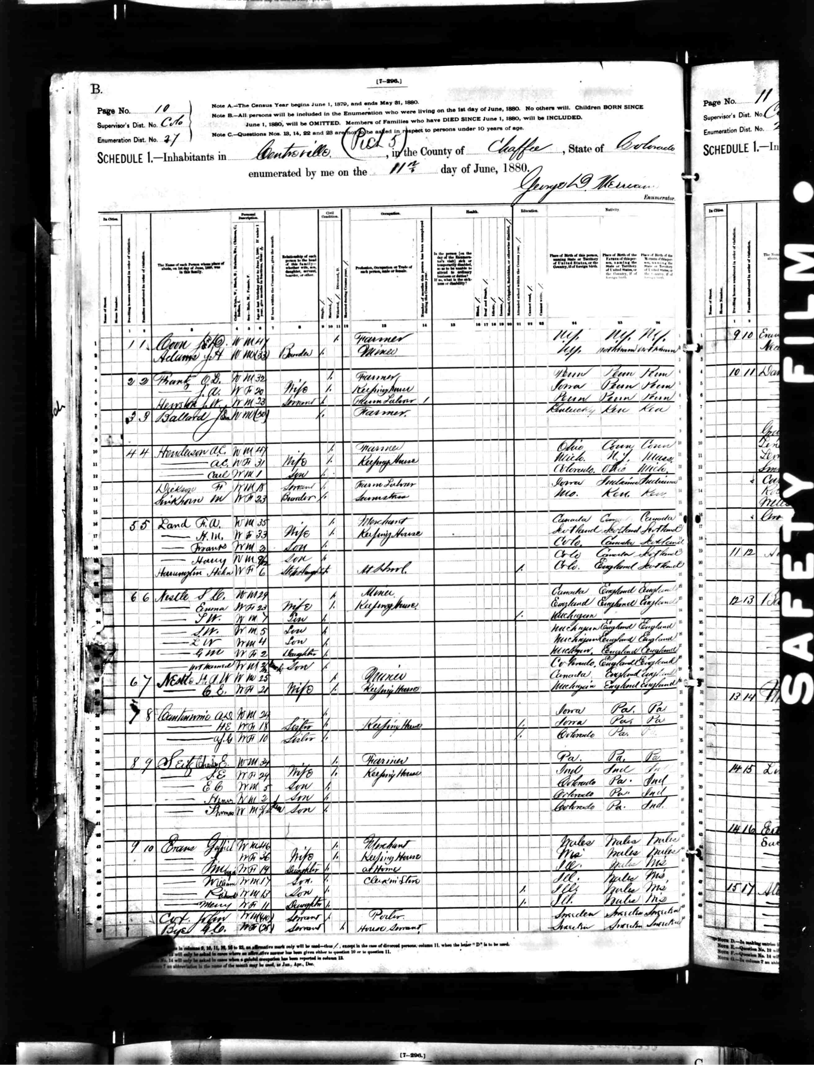 1880 United States Federal Census (Centerville, Chaffee, Colorado)