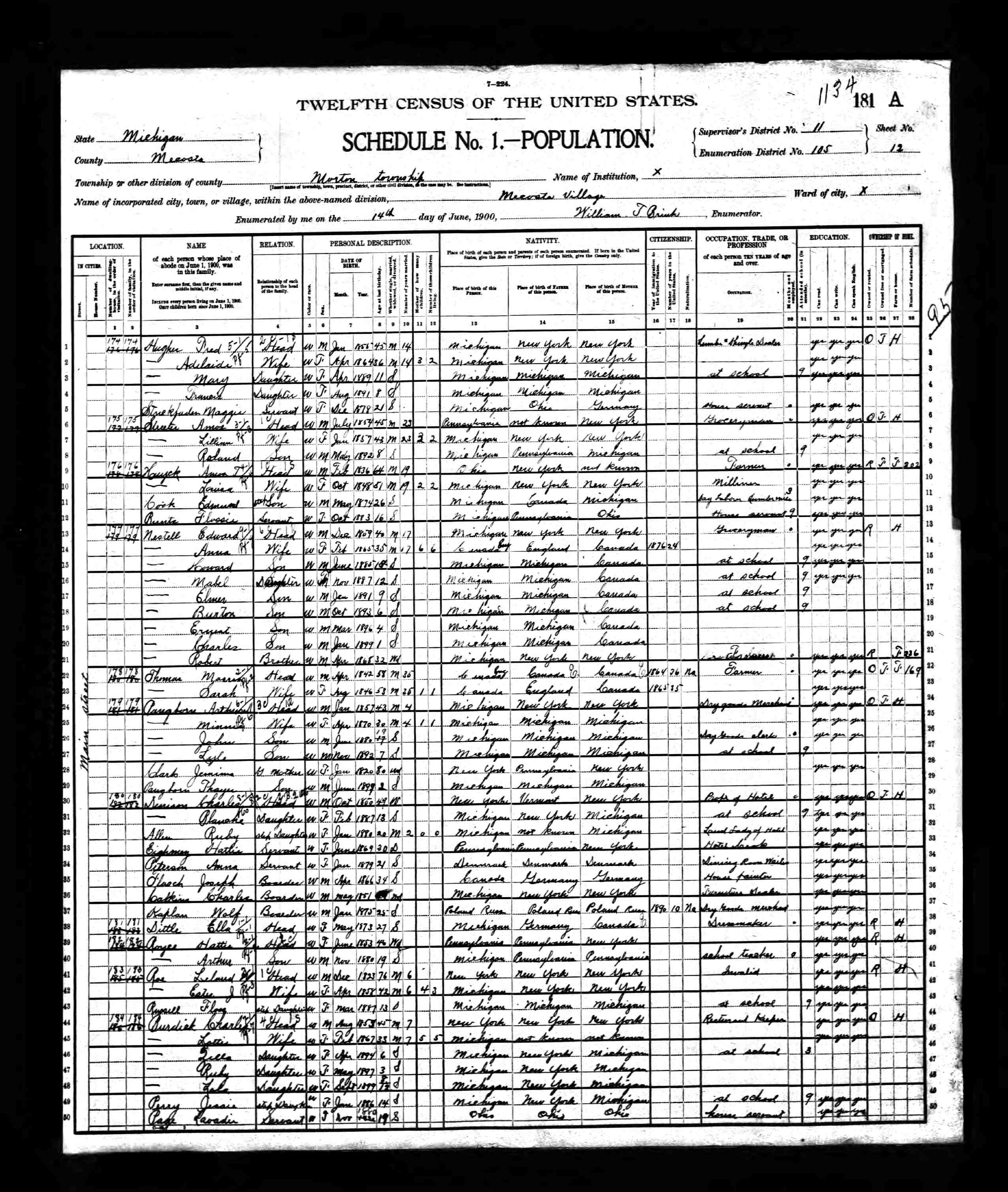 1900 United States Federal Census (Morton, Mecosta, Michigan; Roll T623 731; Page 12A; Enumeration District 105)