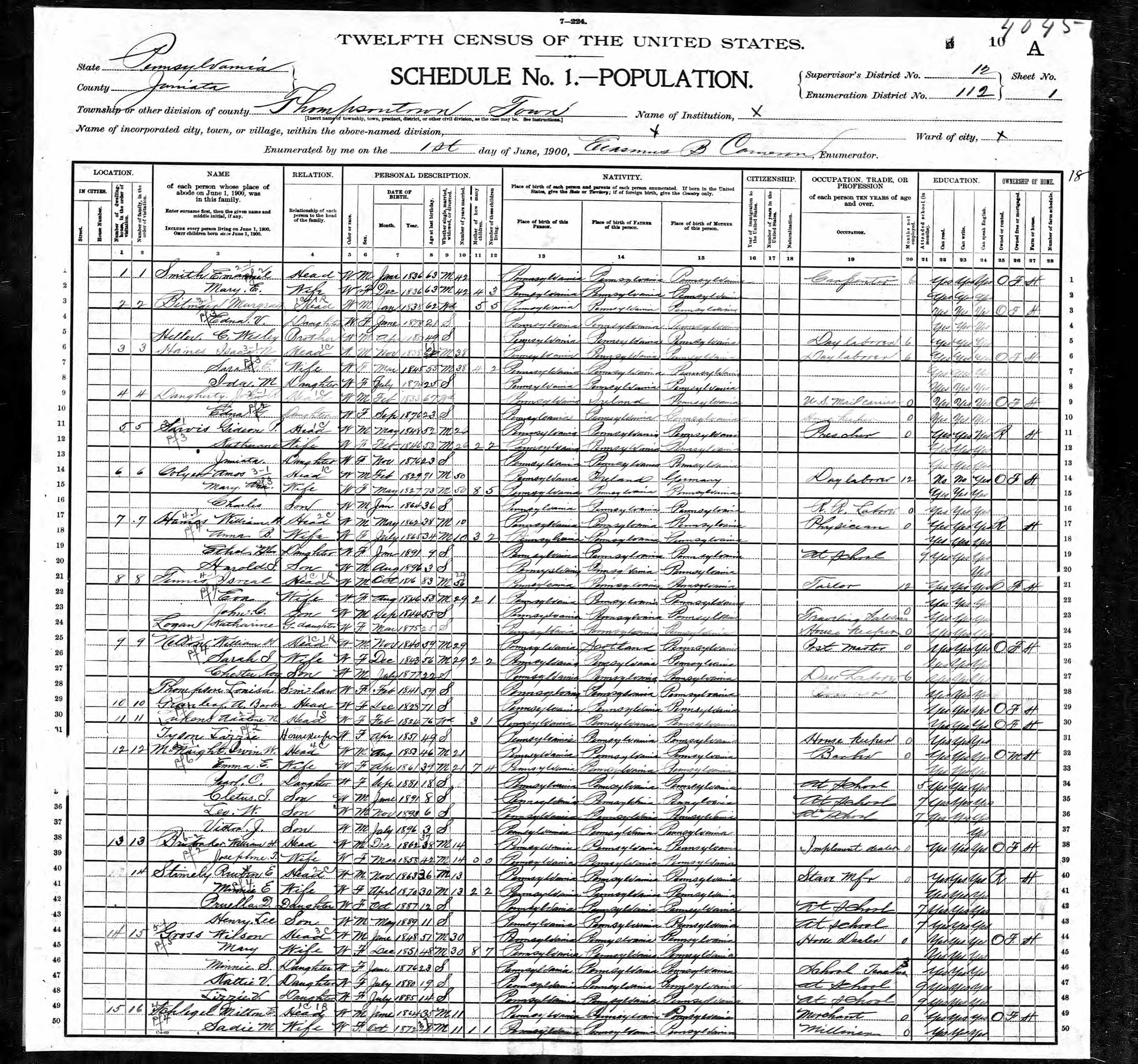 1900 United States Federal Census (Thompsontown, Juniata, Pennsylvania; Page 10A; Page 1; Enumeration District 112)