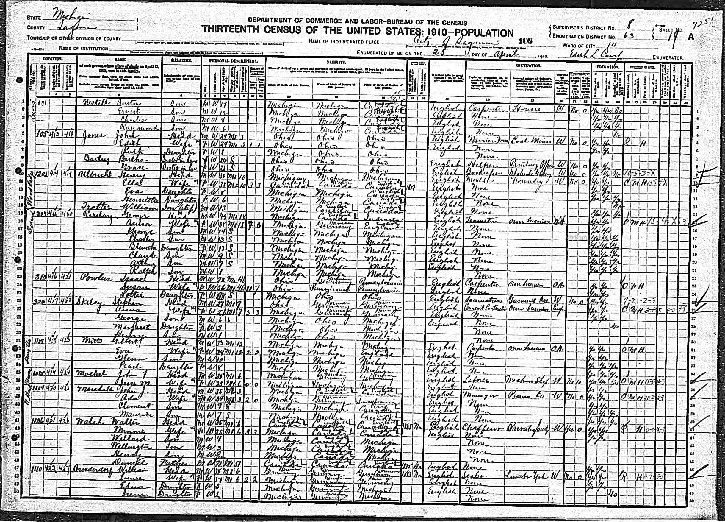 1910 United States Federal Census (Saginaw Ward 14, Saginaw, Michigan; Roll T624_672; Page 19A; Enumeration District 63; Image 889)