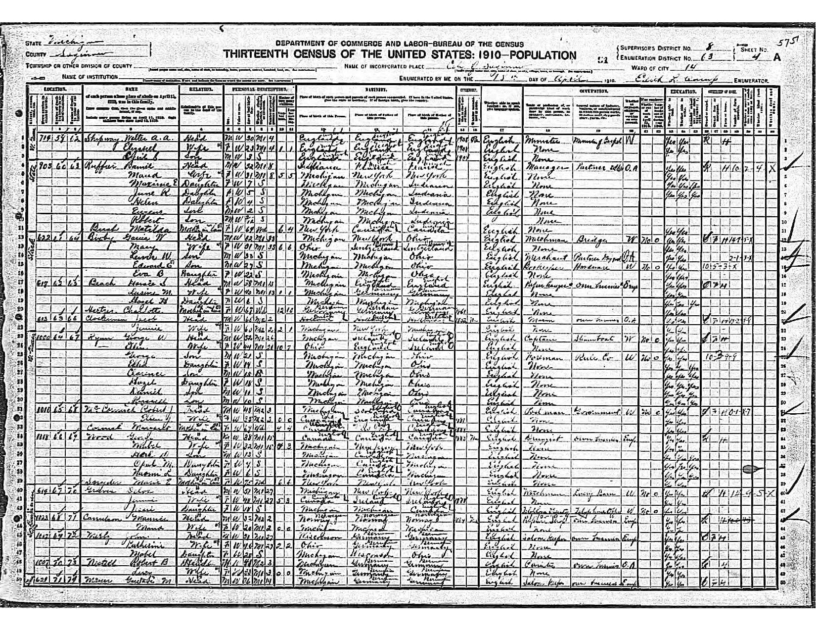 1910 United States Federal Census (Saginaw Ward 14, Saginaw, Michigan; Sheet 4A; Enumeration District 63)