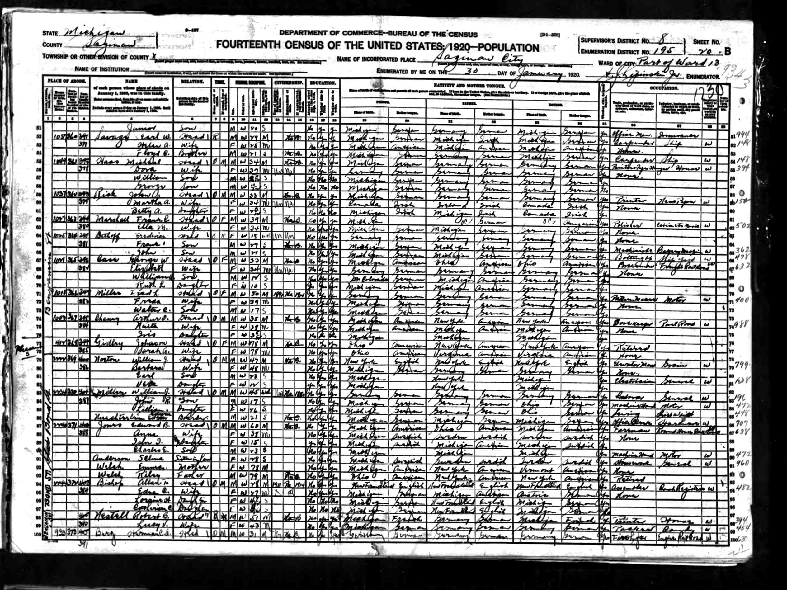 1920 United States Federal Census (Saginaw Ward 13, Saginaw, Michigan; Roll T625_794; Page 20B; Enumeration District 195; Image 250)