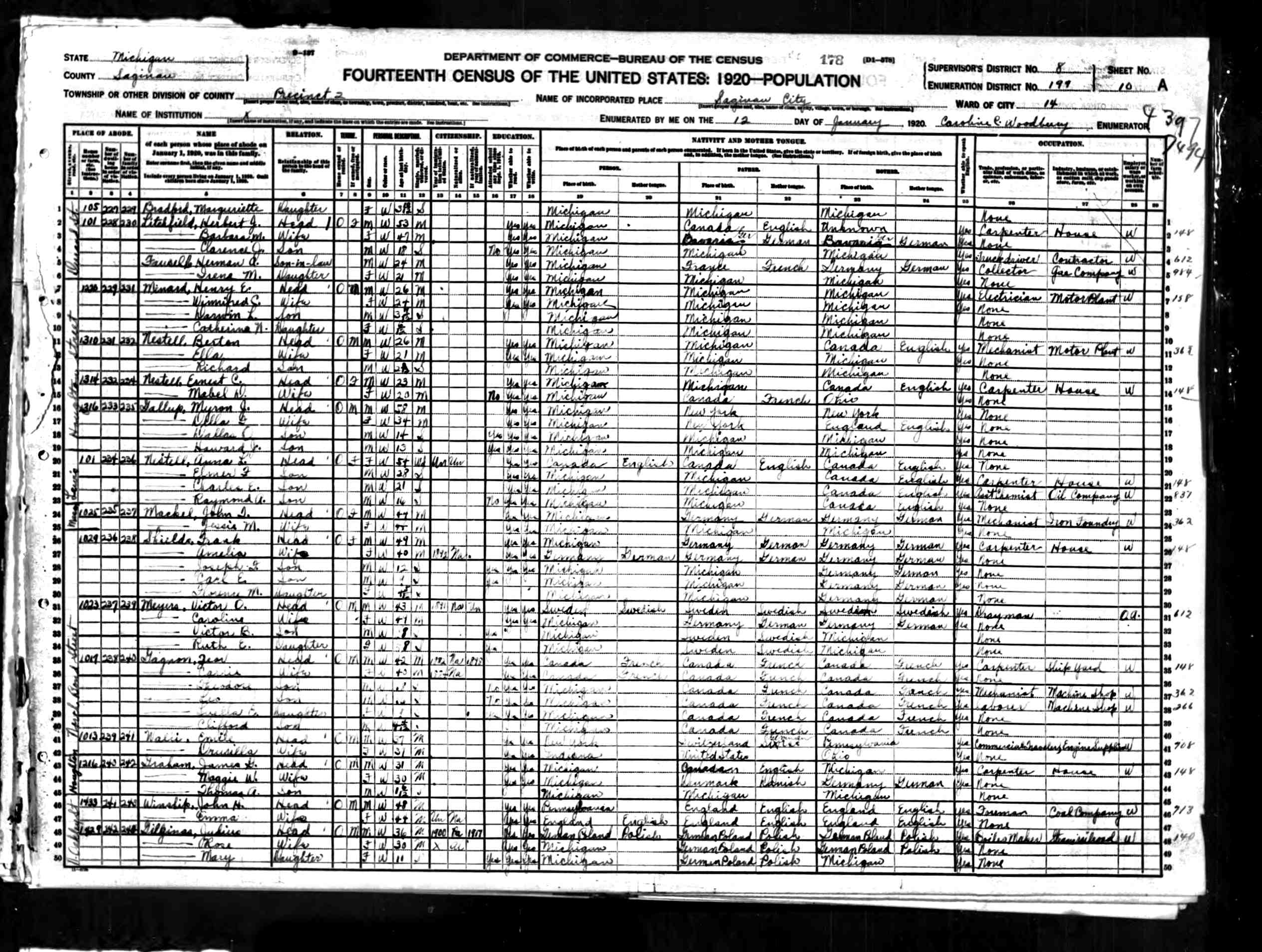 1920 United States Federal Census (Saginaw Ward 14, Saginaw, Michigan; Roll T625_794; Page 10A)