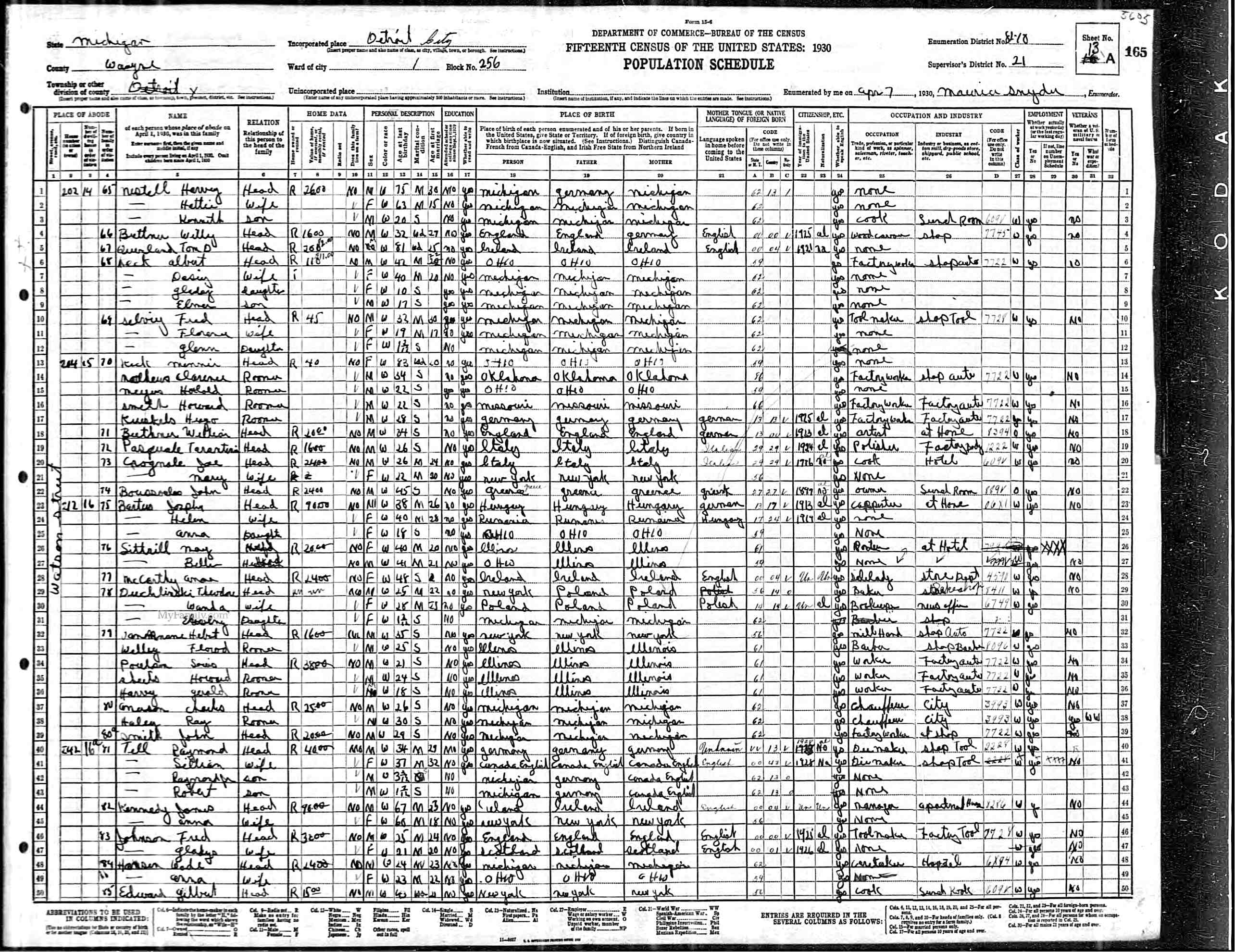 1930 United States Federal Census (Detroit Ward 1, Block 256, Wayne, Michigan; Enumeration District 82-10; Sheet 13A)