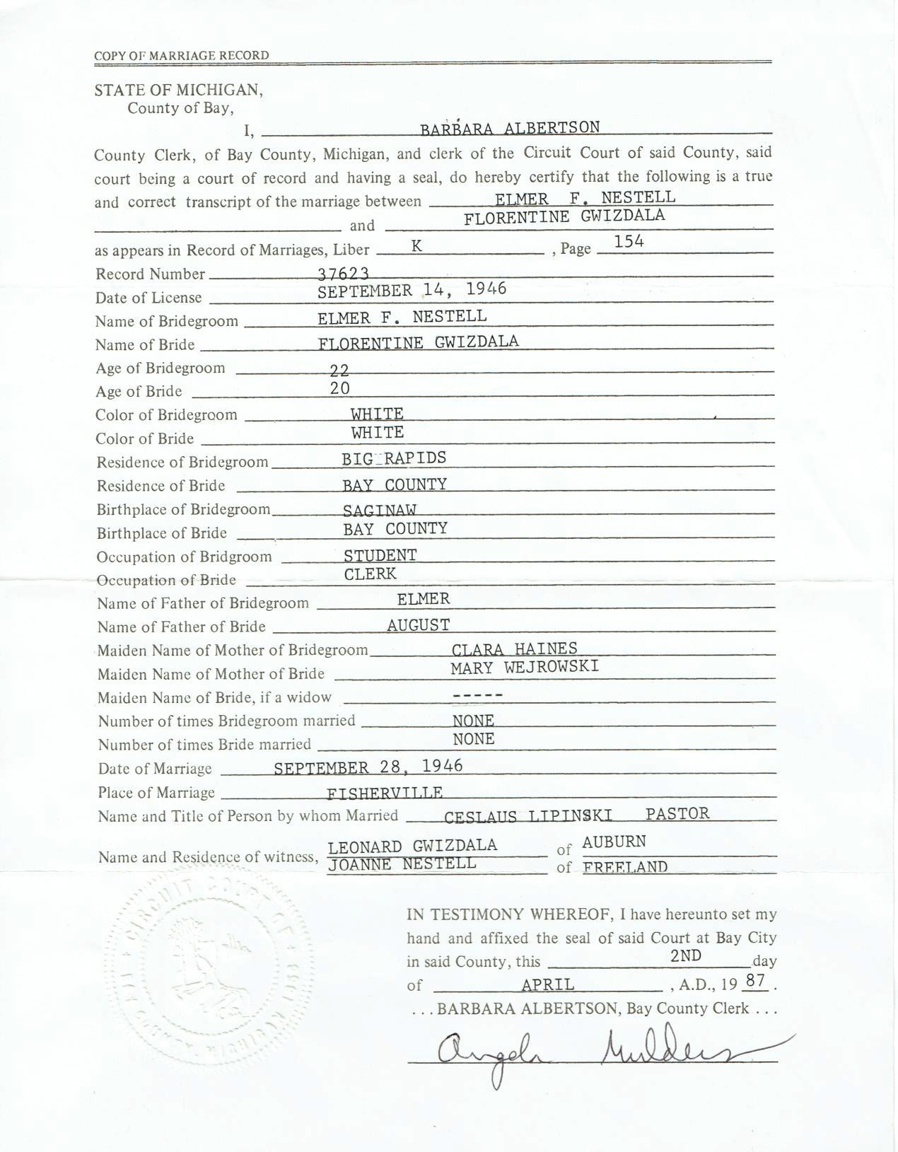 Marriage Record | Elmer F Nestell - Florentine  Gwizdala