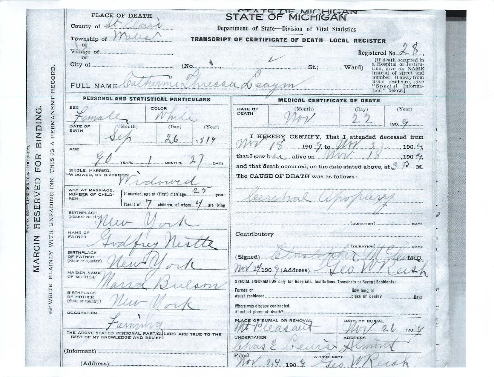 Death Certificate (State of Michigan) | Catherine Theresa Nestle