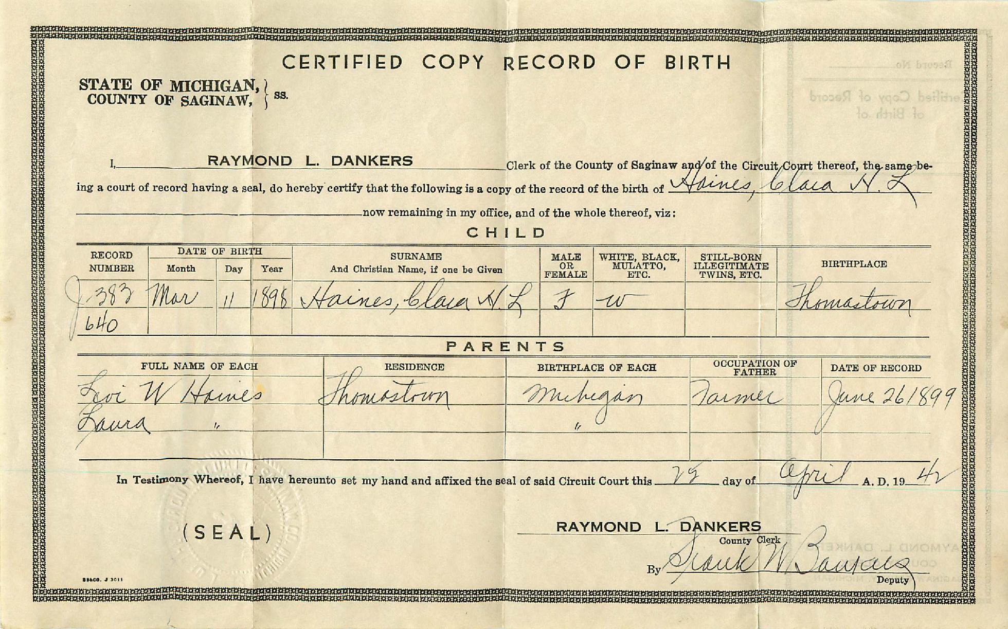 Birth Certificate | Clara Sebina Haines