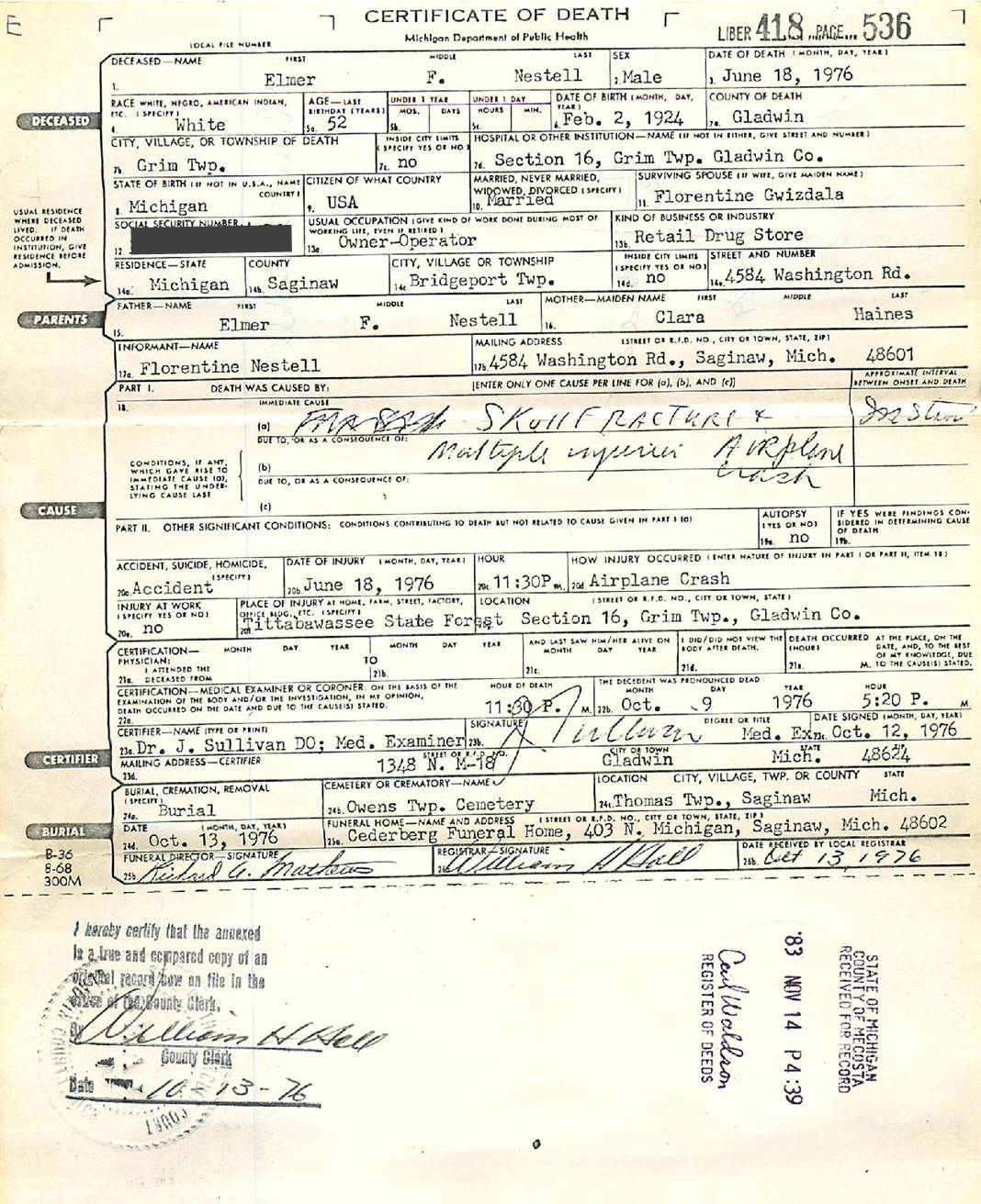 Death Certificate (State of Michigan) | Elmer Nestell Jr 