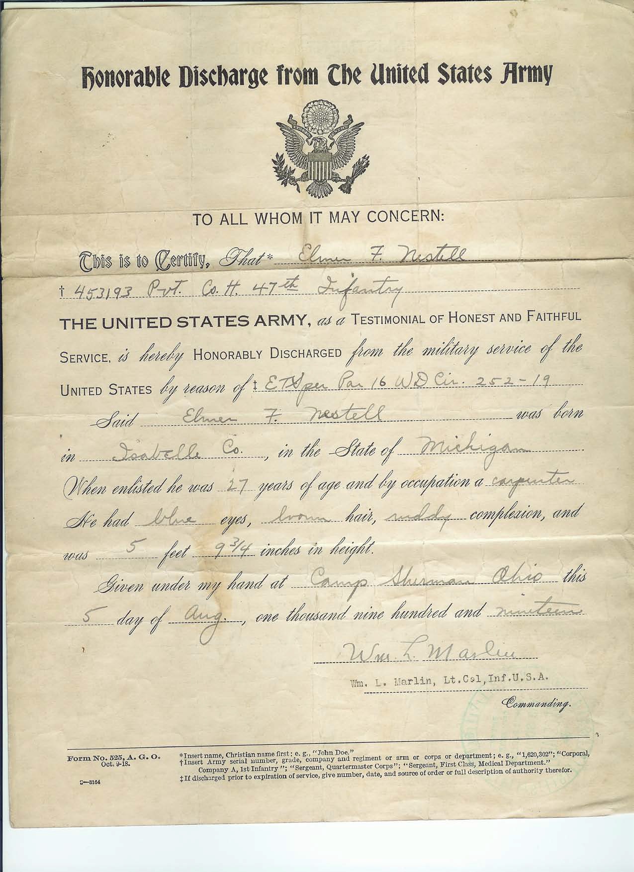 US Army Discharge Papers | Elmer Franklin Nestell Sr.