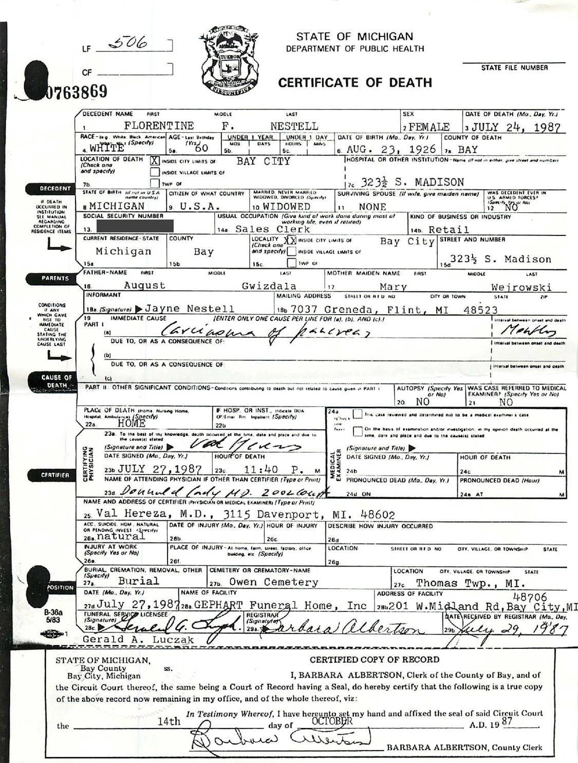 Death Certificate (State of Michigan) | Florentine (Gwizdala) Nestell