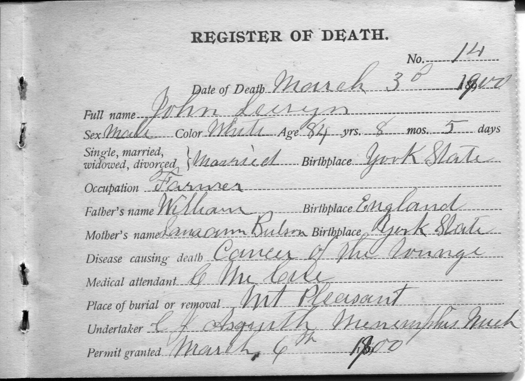 Death Register | John F Leaym