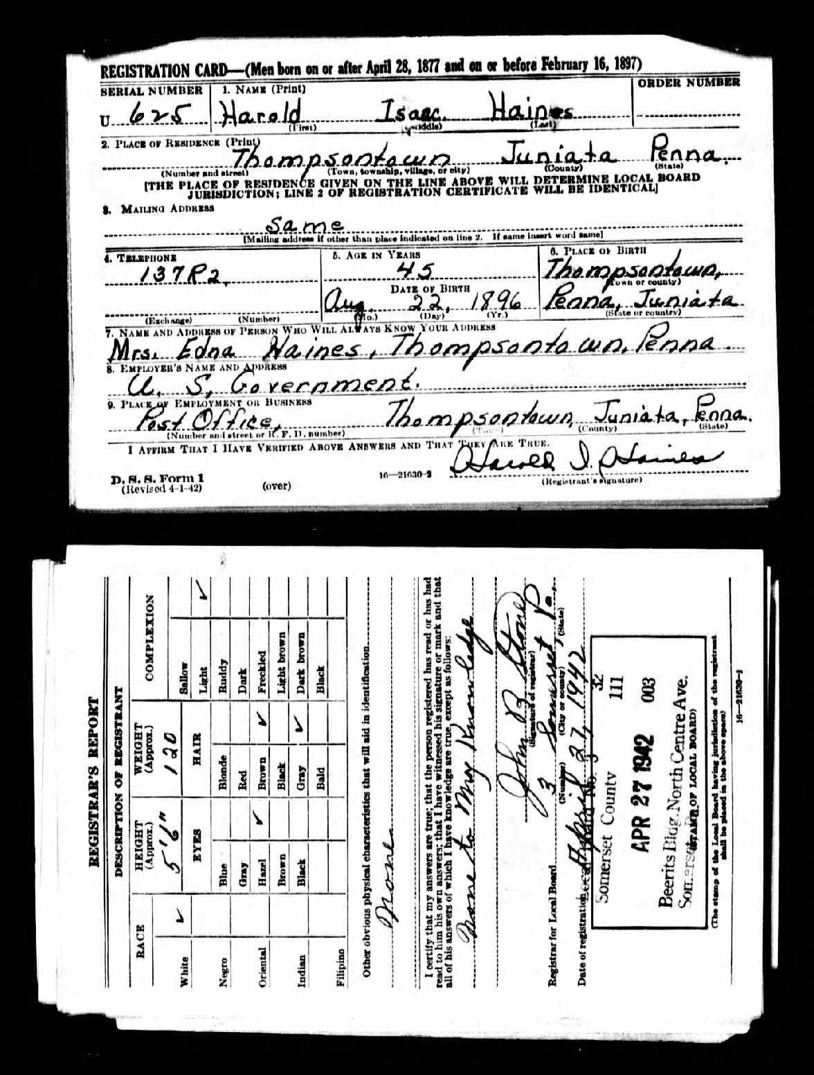 WWII Draft Registration | Harold Issac Haines